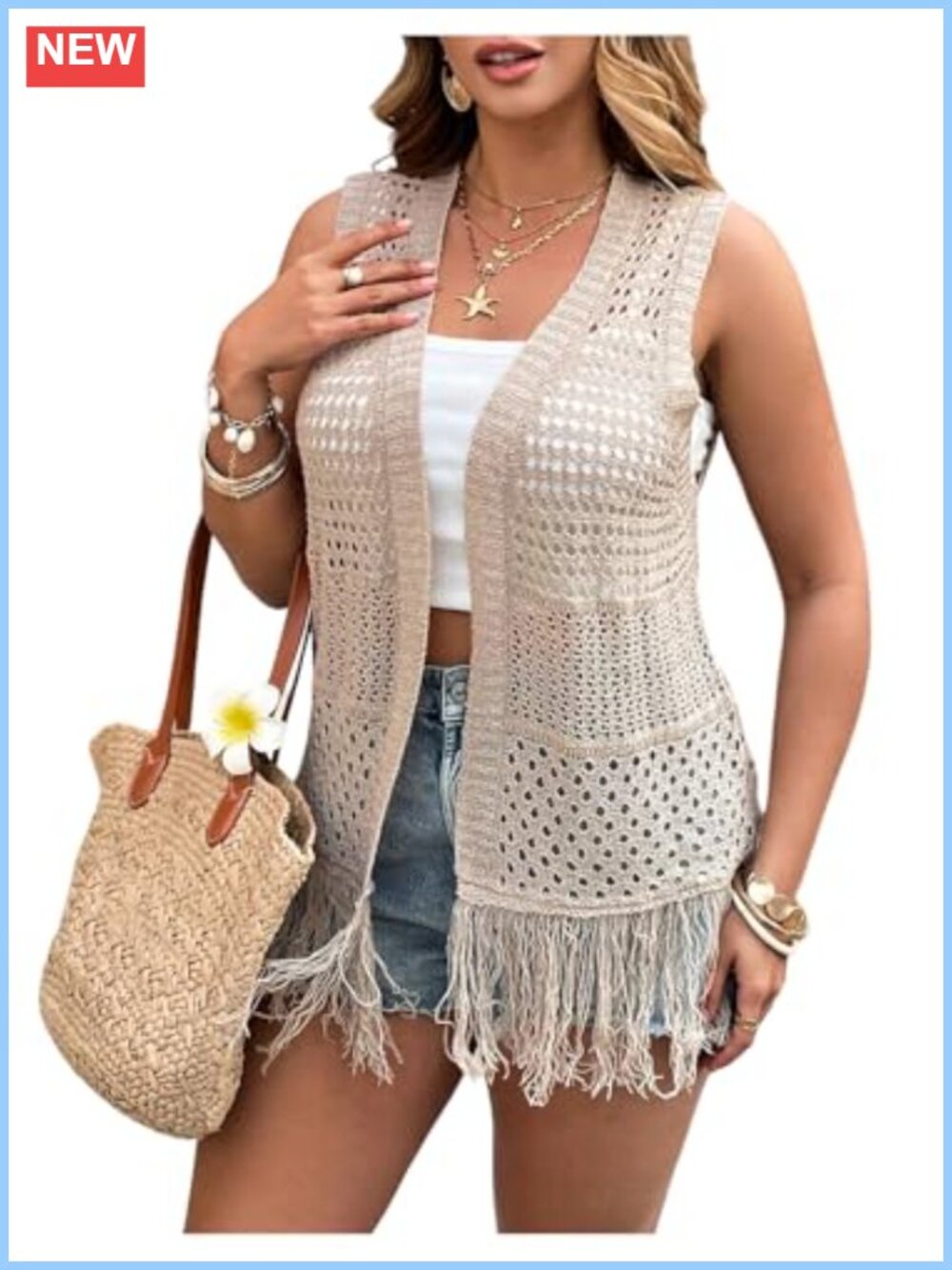 Plus Size Crochet Vest Sleeveless Boho Cardigan Open Front Fringe Hem